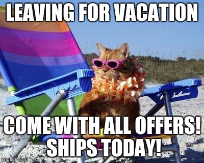 Vacation time | LEAVING FOR VACATION; COME WITH ALL OFFERS! SHIPS TODAY! | image tagged in vacation time | made w/ Imgflip meme maker