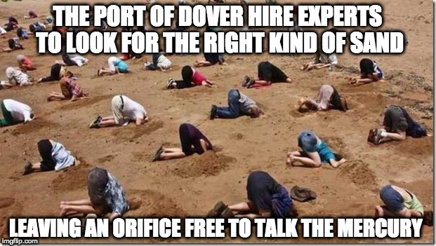 Head in sand | THE PORT OF DOVER HIRE EXPERTS TO LOOK FOR THE RIGHT KIND OF SAND; LEAVING AN ORIFICE FREE TO TALK THE MERCURY | image tagged in head in sand | made w/ Imgflip meme maker