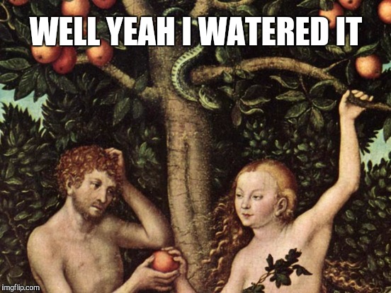 WELL YEAH I WATERED IT | image tagged in memes,adam and eve,gardening | made w/ Imgflip meme maker