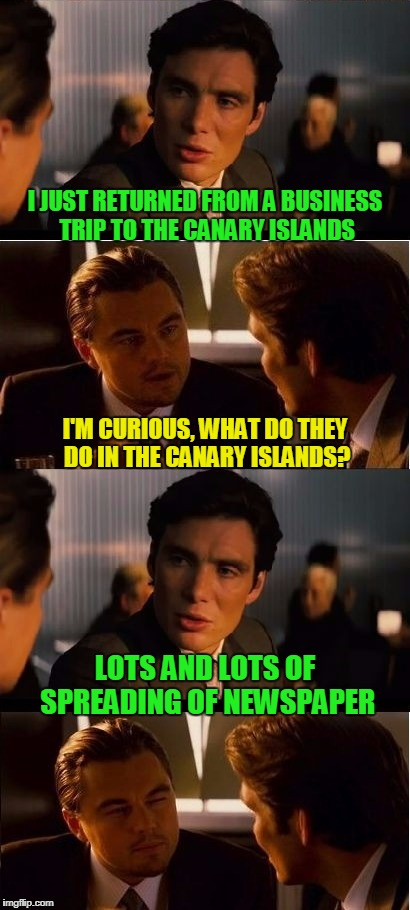 and they're quite skilled at making newsprint hats | I JUST RETURNED FROM A BUSINESS TRIP TO THE CANARY ISLANDS; I'M CURIOUS, WHAT DO THEY DO IN THE CANARY ISLANDS? LOTS AND LOTS OF SPREADING OF NEWSPAPER | image tagged in inception,memes,canary,bad joke | made w/ Imgflip meme maker