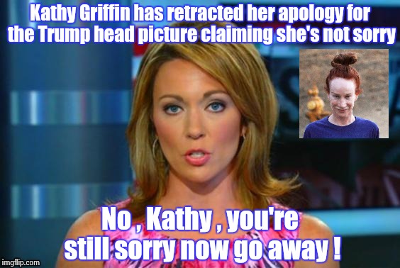 Real News Network | Kathy Griffin has retracted her apology for the Trump head picture claiming she's not sorry No , Kathy , you're still sorry now go away ! | image tagged in real news network | made w/ Imgflip meme maker