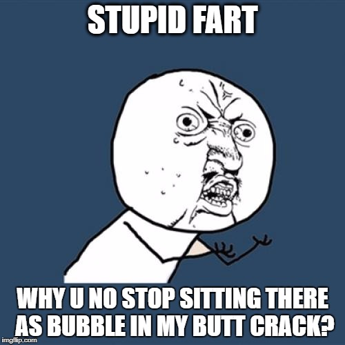 Y U No Meme | STUPID FART; WHY U NO STOP SITTING THERE AS BUBBLE IN MY BUTT CRACK? | image tagged in memes,y u no | made w/ Imgflip meme maker
