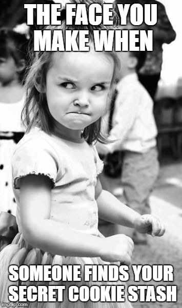 Angry Toddler | THE FACE YOU MAKE WHEN; SOMEONE FINDS YOUR SECRET COOKIE STASH | image tagged in memes,angry toddler | made w/ Imgflip meme maker