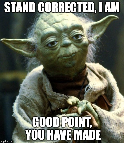 Star Wars Yoda Meme | STAND CORRECTED, I AM GOOD POINT, YOU HAVE MADE | image tagged in memes,star wars yoda | made w/ Imgflip meme maker