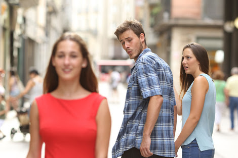 Guy checks out red dress girl Blank Meme Template