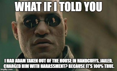 Matrix Morpheus Meme | WHAT IF I TOLD YOU; I HAD ADAM TAKEN OUT OF THE HOUSE IN HANDCUFFS, JAILED, CHARGED HIM WITH HARASSMENT? BECAUSE IT'S 100% TRUE. | image tagged in memes,matrix morpheus | made w/ Imgflip meme maker