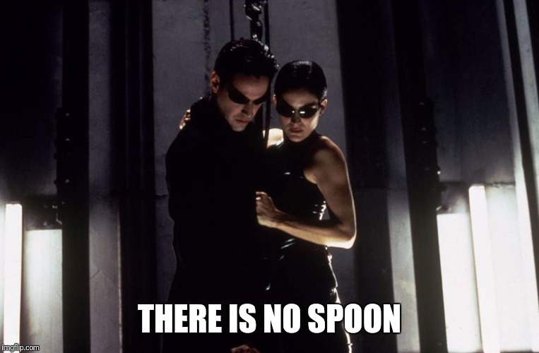 THERE IS NO SPOON | image tagged in matrix elevator,the matrix,neo,trinity,matrix | made w/ Imgflip meme maker