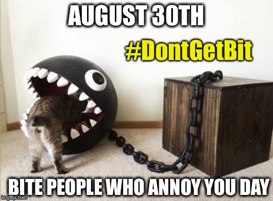 8/30: Bite People Who Annoy You Day - Mario Chompy Eats Cat | #DontGetBit | image tagged in 8/30 bite people who annoy you day - mario chompy eats cat | made w/ Imgflip meme maker