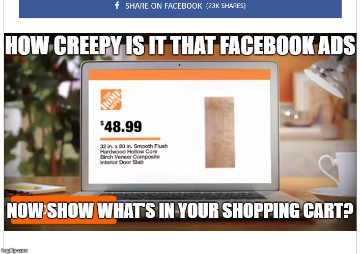 Video shows shopping cart | HOW CREEPY IS IT THAT FACEBOOK ADS; NOW SHOW WHAT'S IN YOUR SHOPPING CART? | image tagged in home depot,facebook,big brother | made w/ Imgflip meme maker