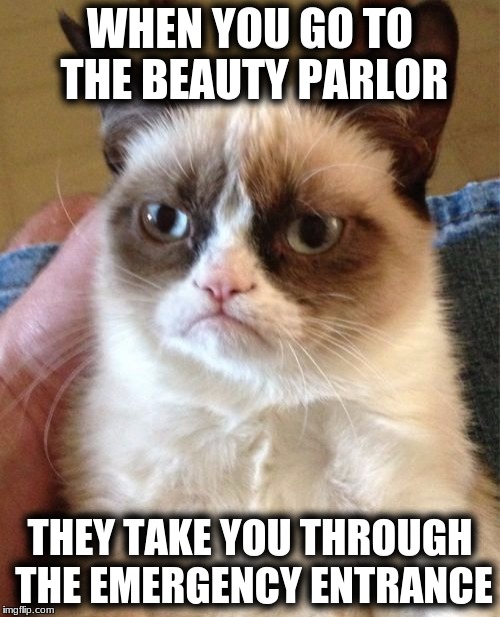 Grumpy Cat | WHEN YOU GO TO THE BEAUTY PARLOR; THEY TAKE YOU THROUGH THE EMERGENCY ENTRANCE | image tagged in memes,grumpy cat | made w/ Imgflip meme maker