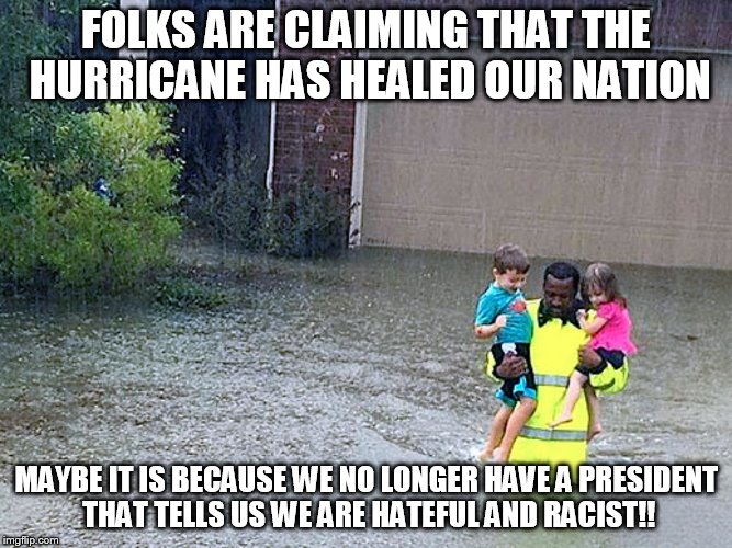 Harvey | FOLKS ARE CLAIMING THAT THE HURRICANE HAS HEALED OUR NATION; MAYBE IT IS BECAUSE WE NO LONGER HAVE A PRESIDENT THAT TELLS US WE ARE HATEFUL AND RACIST!! | image tagged in trump | made w/ Imgflip meme maker