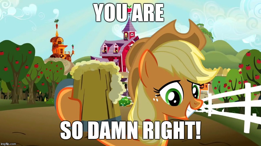 Applejack and her cider | YOU ARE SO DAMN RIGHT! | image tagged in applejack and her cider | made w/ Imgflip meme maker