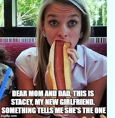 DEAR MOM AND DAD, THIS IS STACEY, MY NEW GIRLFRIEND.  SOMETHING TELLS ME SHE'S THE ONE | image tagged in keeper | made w/ Imgflip meme maker
