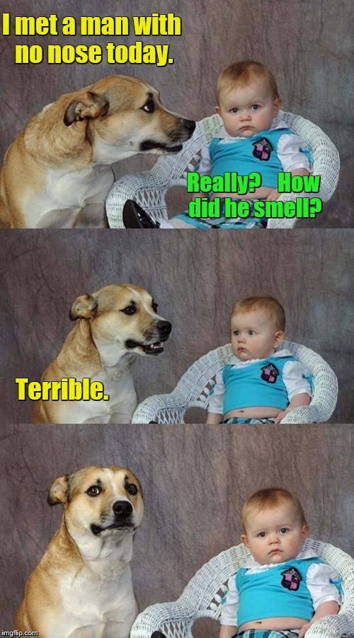 Double-entendre Dad Joke Dog | I met a man with no nose today. Really?    How did he smell? Terrible. | image tagged in memes,dad joke dog | made w/ Imgflip meme maker
