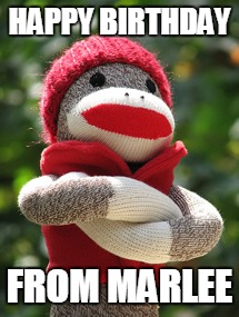 Sock monkey | HAPPY BIRTHDAY; FROM MARLEE | image tagged in sock monkey | made w/ Imgflip meme maker