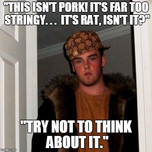 Scumbag Steve Meme | "THIS ISN'T PORK! IT'S FAR TOO STRINGY. . .  IT'S RAT, ISN'T IT?"; "TRY NOT TO THINK ABOUT IT." | image tagged in memes,scumbag steve | made w/ Imgflip meme maker