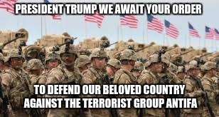us heroes | PRESIDENT TRUMP WE AWAIT YOUR ORDER; TO DEFEND OUR BELOVED COUNTRY AGAINST THE TERRORIST GROUP ANTIFA | image tagged in us military,antifa,terrorist,make america great again | made w/ Imgflip meme maker