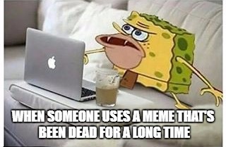 dead memes tell no tales |  WHEN SOMEONE USES A MEME THAT'S BEEN DEAD FOR A LONG TIME | image tagged in spongegar computer,dead meme | made w/ Imgflip meme maker