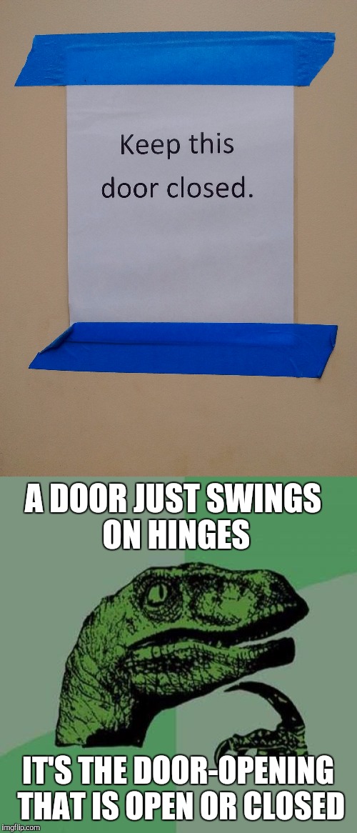 Dinosaurs Have An Open Door Policy ? | A DOOR JUST SWINGS ON HINGES; IT'S THE DOOR-OPENING THAT IS OPEN OR CLOSED | image tagged in memes,philosoraptor | made w/ Imgflip meme maker
