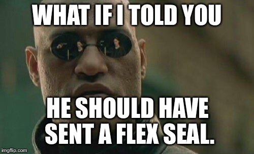 Matrix Morpheus Meme | WHAT IF I TOLD YOU HE SHOULD HAVE SENT A FLEX SEAL. | image tagged in memes,matrix morpheus | made w/ Imgflip meme maker