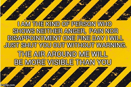 warning banner | I AM THE KIND OF PERSON WHO SHOWS NEITHER ANGER,  PAIN NOR DISAPPOINTMENT ONE FINE DAY I WILL JUST SHUT YOU OUT WITHOUT WARNING. THE AIR AROUND ME WILL BE MORE VISIBLE THAN YOU | image tagged in warning banner | made w/ Imgflip meme maker