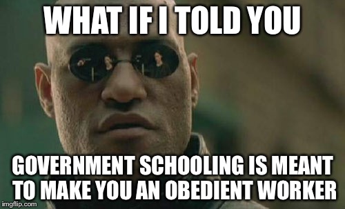 John Dewey basically admitted this... | WHAT IF I TOLD YOU GOVERNMENT SCHOOLING IS MEANT TO MAKE YOU AN OBEDIENT WORKER | image tagged in memes,matrix morpheus,school,education | made w/ Imgflip meme maker