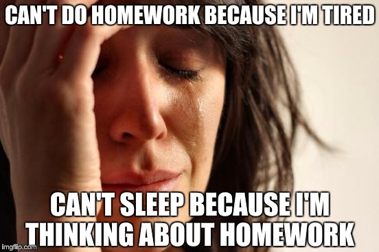 Have you ever done physics problems in your sleep?  | CAN'T DO HOMEWORK BECAUSE I'M TIRED; CAN'T SLEEP BECAUSE I'M THINKING ABOUT HOMEWORK | image tagged in memes,first world problems | made w/ Imgflip meme maker