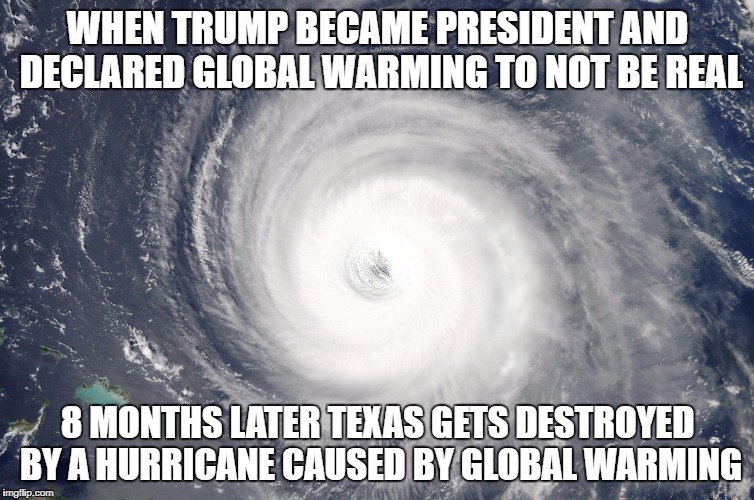 Hurricane Satellite Image | WHEN TRUMP BECAME PRESIDENT AND DECLARED GLOBAL WARMING TO NOT BE REAL; 8 MONTHS LATER TEXAS GETS DESTROYED BY A HURRICANE CAUSED BY GLOBAL WARMING | image tagged in hurricane satellite image | made w/ Imgflip meme maker