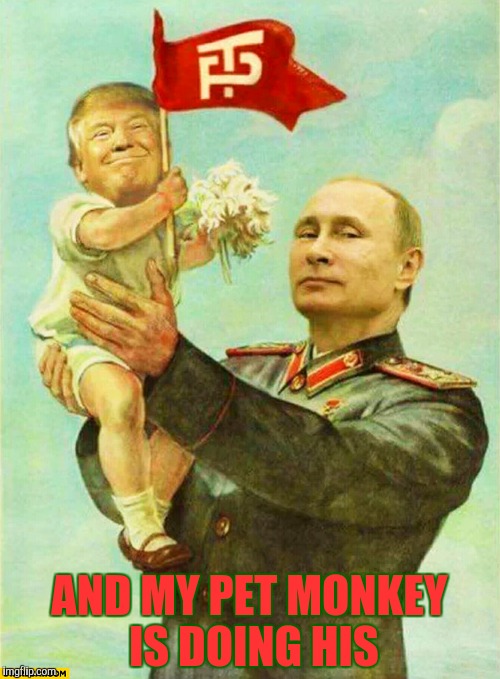 putin holding baby donald | AND MY PET MONKEY IS DOING HIS | image tagged in putin holding baby donald | made w/ Imgflip meme maker