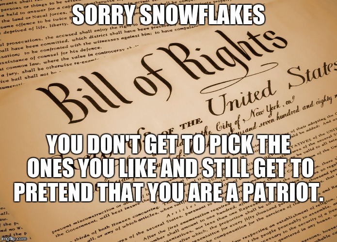bill of rights | SORRY SNOWFLAKES; YOU DON'T GET TO PICK THE ONES YOU LIKE AND STILL GET TO PRETEND THAT YOU ARE A PATRIOT. | image tagged in bill of rights | made w/ Imgflip meme maker