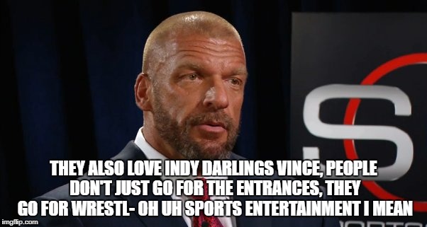 THEY ALSO LOVE INDY DARLINGS VINCE, PEOPLE DON'T JUST GO FOR THE ENTRANCES, THEY GO FOR WRESTL- OH UH SPORTS ENTERTAINMENT I MEAN | made w/ Imgflip meme maker