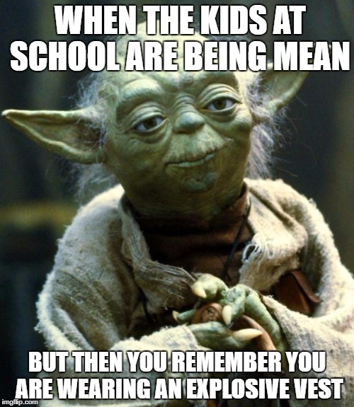 Star Wars Yoda Meme | WHEN THE KIDS AT SCHOOL ARE BEING MEAN; BUT THEN YOU REMEMBER YOU ARE WEARING AN EXPLOSIVE VEST | image tagged in memes,star wars yoda | made w/ Imgflip meme maker