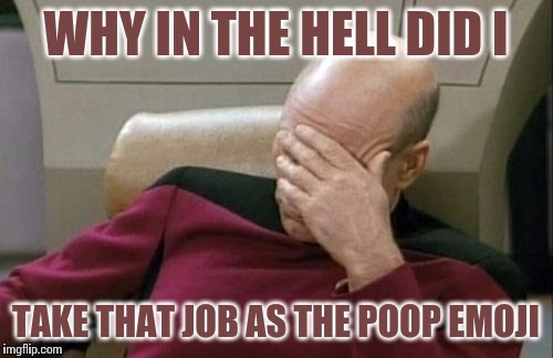 Captain Picard Facepalm Meme | WHY IN THE HELL DID I; TAKE THAT JOB AS THE POOP EMOJI | image tagged in memes,captain picard facepalm | made w/ Imgflip meme maker