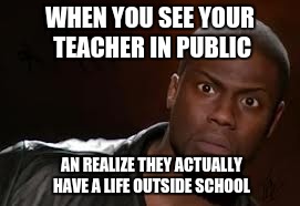 Kevin Hart Meme | WHEN YOU SEE YOUR TEACHER IN PUBLIC; AN REALIZE THEY ACTUALLY HAVE A LIFE OUTSIDE SCHOOL | image tagged in memes,kevin hart the hell | made w/ Imgflip meme maker