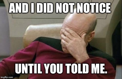 Captain Picard Facepalm Meme | AND I DID NOT NOTICE UNTIL YOU TOLD ME. | image tagged in memes,captain picard facepalm | made w/ Imgflip meme maker