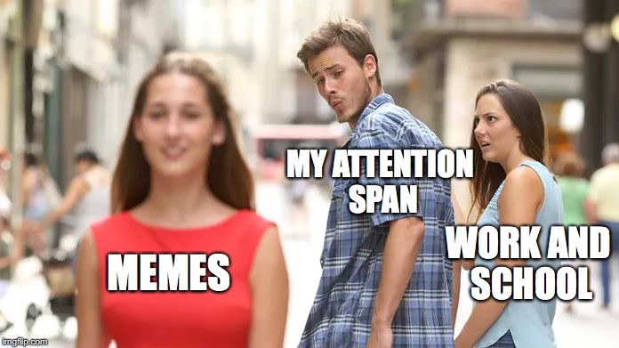 Distracted Boyfriend Meme | MY ATTENTION SPAN; WORK AND SCHOOL; MEMES | image tagged in distracted boyfriend | made w/ Imgflip meme maker