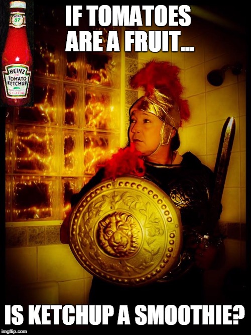 Contemplative Gladiator | IF TOMATOES ARE A FRUIT... IS KETCHUP A SMOOTHIE? | image tagged in vince vance,ketchup,tomatoes are a fruit,gladiator,heinz tomato ketchup bottle,tomato smoothies | made w/ Imgflip meme maker