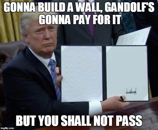 Trump Bill Signing Meme | GONNA BUILD A WALL, GANDOLF'S GONNA PAY FOR IT; BUT YOU SHALL NOT PASS | image tagged in trump bill signing | made w/ Imgflip meme maker
