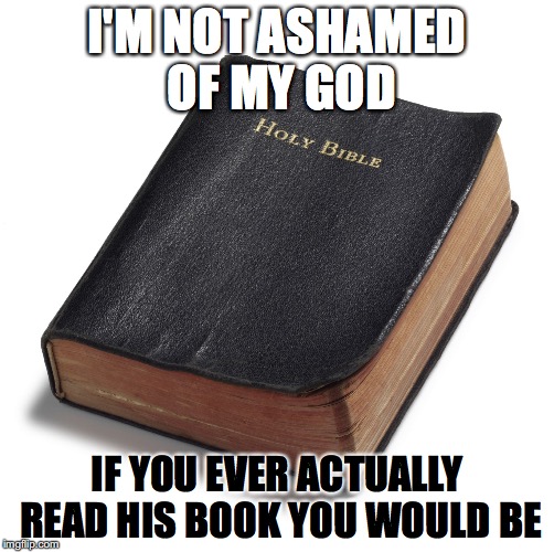 bible | I'M NOT ASHAMED OF MY GOD; IF YOU EVER ACTUALLY READ HIS BOOK YOU WOULD BE | image tagged in bible | made w/ Imgflip meme maker