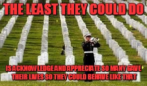 Military Cemetary | THE LEAST THEY COULD DO IS ACKNOWLEDGE AND APPRECIATE SO MANY GAVE THEIR LIVES SO THEY COULD BEHAVE LIKE THAT | image tagged in military cemetary | made w/ Imgflip meme maker