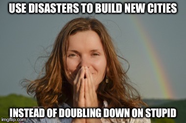 Grateful woman rainbow | USE DISASTERS TO BUILD NEW CITIES; INSTEAD OF DOUBLING DOWN ON STUPID | image tagged in grateful woman rainbow | made w/ Imgflip meme maker