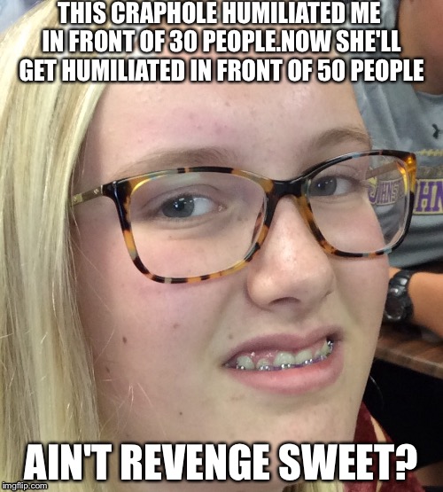 Craphole gets humiliated | THIS CRAPHOLE HUMILIATED ME IN FRONT OF 30 PEOPLE.NOW SHE'LL GET HUMILIATED IN FRONT OF 50 PEOPLE; AIN'T REVENGE SWEET? | image tagged in idiot | made w/ Imgflip meme maker