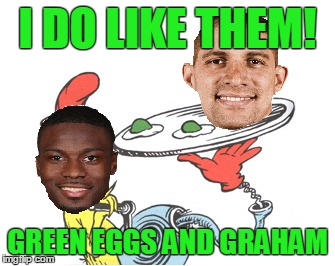 AJ Green Eggs and Graham | I DO LIKE THEM! GREEN EGGS AND GRAHAM | image tagged in aj green,fantasy football,jimmy graham,green eggs and ham,team name | made w/ Imgflip meme maker