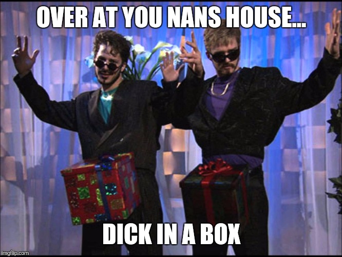 Dick in a box | OVER AT YOU NANS HOUSE... DICK IN A BOX | image tagged in dick in a box | made w/ Imgflip meme maker