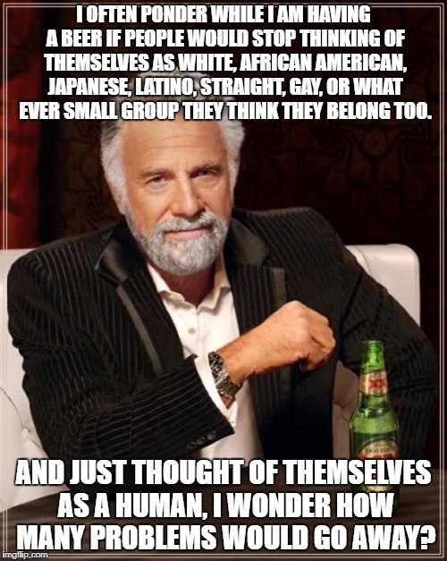 The Most Interesting Man In The World Meme | I OFTEN PONDER WHILE I AM HAVING A BEER IF PEOPLE WOULD STOP THINKING OF THEMSELVES AS WHITE, AFRICAN AMERICAN, JAPANESE, LATINO, STRAIGHT, GAY, OR WHAT EVER SMALL GROUP THEY THINK THEY BELONG TOO. AND JUST THOUGHT OF THEMSELVES AS A HUMAN, I WONDER HOW MANY PROBLEMS WOULD GO AWAY? | image tagged in memes,the most interesting man in the world | made w/ Imgflip meme maker