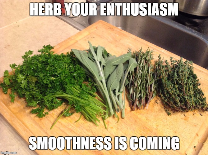 laid-back herbs | HERB YOUR ENTHUSIASM; SMOOTHNESS IS COMING | image tagged in laid-back herbs | made w/ Imgflip meme maker
