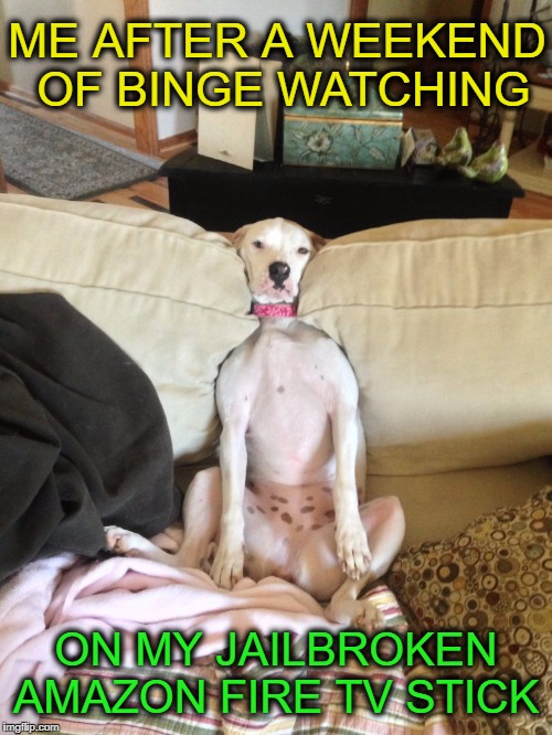 pirating movies and tv shows threw streaming devices is illegal but also awesome  | ME AFTER A WEEKEND OF BINGE WATCHING; ON MY JAILBROKEN AMAZON FIRE TV STICK | image tagged in long day of tv,netflix,binge watching,amazon,memes | made w/ Imgflip meme maker