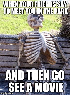 Waiting Skeleton | WHEN YOUR FRIENDS SAY TO MEET YOU IN THE PARK; AND THEN GO SEE A MOVIE | image tagged in memes,waiting skeleton | made w/ Imgflip meme maker