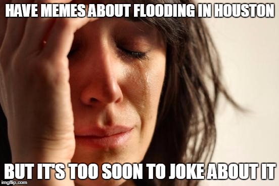First World Problems Meme | HAVE MEMES ABOUT FLOODING IN HOUSTON; BUT IT'S TOO SOON TO JOKE ABOUT IT | image tagged in memes,first world problems | made w/ Imgflip meme maker
