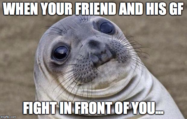 Awkward Moment Sealion | WHEN YOUR FRIEND AND HIS GF; FIGHT IN FRONT OF YOU... | image tagged in memes,awkward moment sealion | made w/ Imgflip meme maker